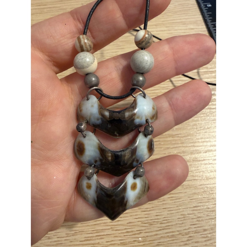 Artisan Tiered Chevron Shell Stone Statement Necklace Boho Tribal Black Cord 18"